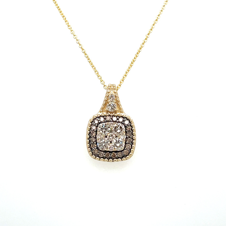 LE VIAN .58CTW CUSHION HALO DIAMOND CLUSTER CENTER PENDANT/CHAIN CONTAINING: 11 ROUND NUDE CLUSTER DIAMOND CENTER AND BAIL PLUS 20 ROUND CHOCOLATE DIAMONDS HALO; 14KY CHAIN INCLUDED